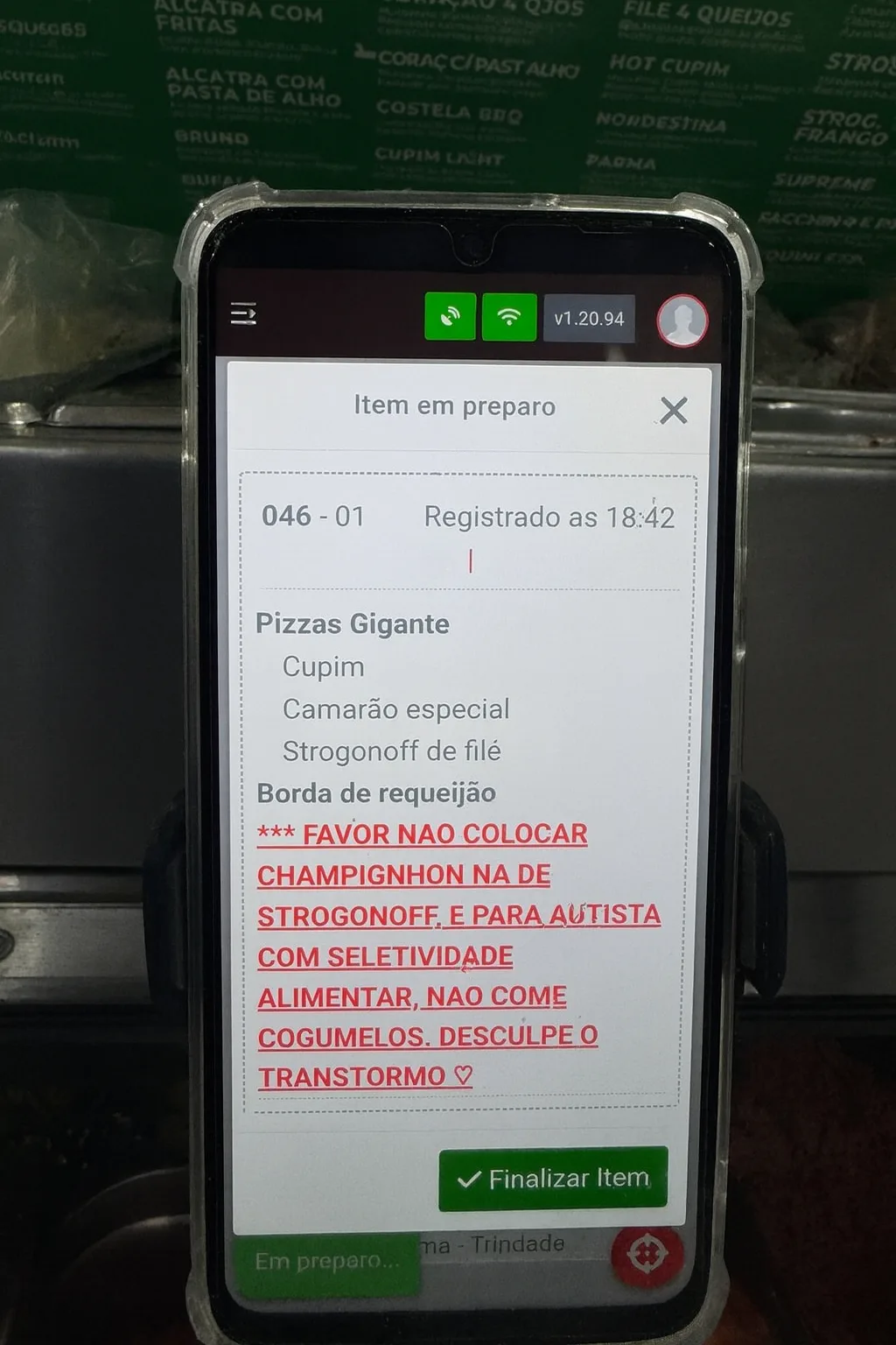 Tela do preparador — CityFoods